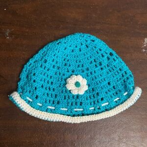 Handmade Crochet Blue Hat with White Flower Accent